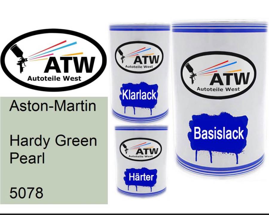 Aston-Martin, Hardy Green Pearl, 5078: 500ml Lackdose + 500ml Klarlack + 250ml Härter - Set, von ATW Autoteile West.